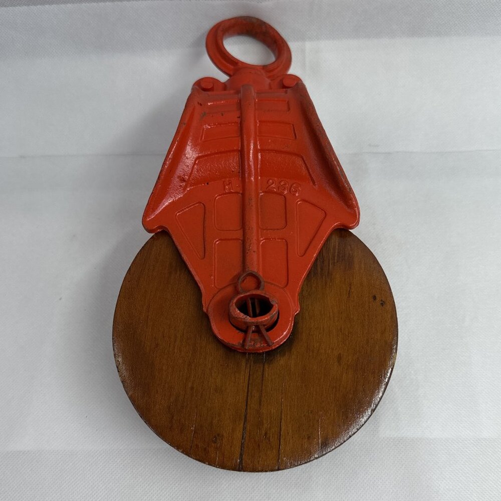 Antique Vintage Myers Cast Iron & Wood Barn Pulley - Orange Pulley Myers H 236